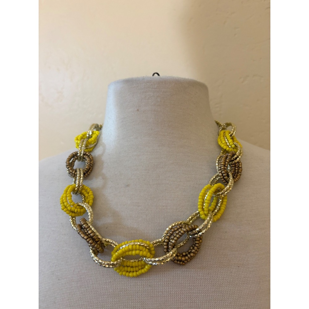 Yellow Bronze Seed Bead Gold Tone Chunky Link Statement Necklace Adjustable